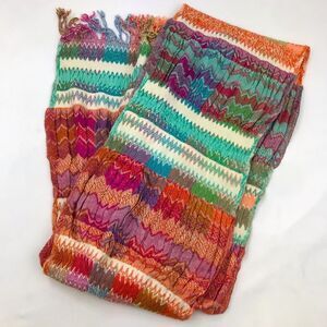 Tolani Multicolored Stripe ZigZag Pattern Ruched Fringe Scarf